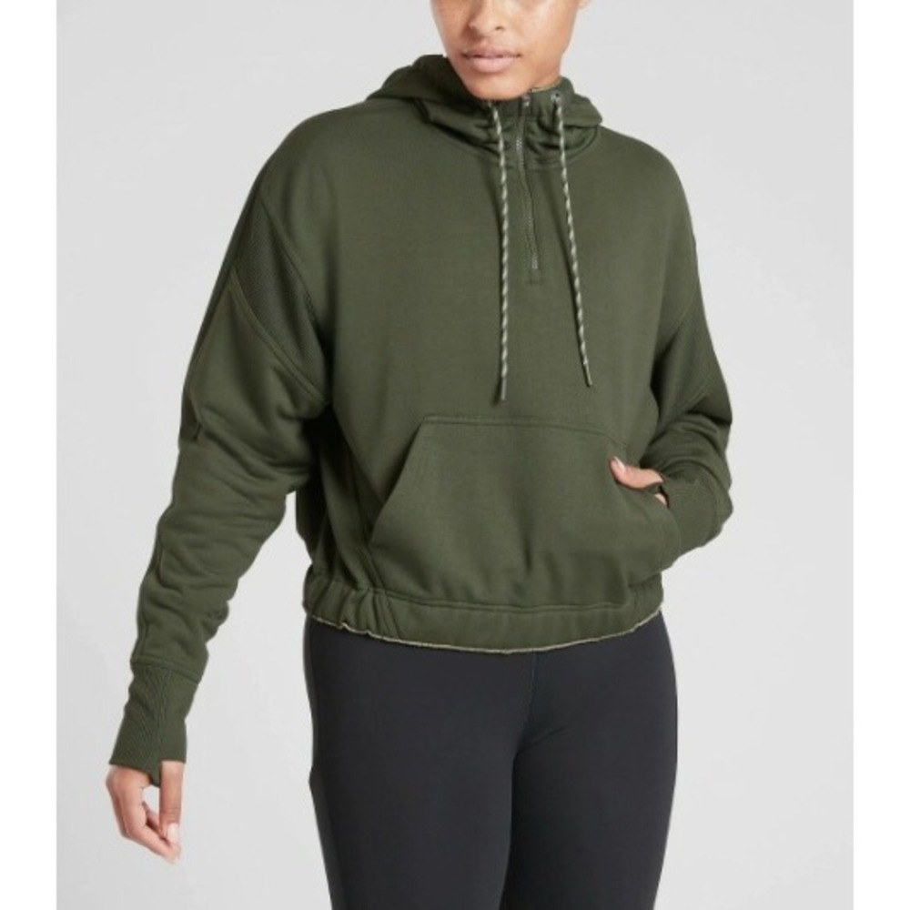 ATHLETA Ascend Warm Up Hoodie Tuscan Olive Green Women Size XS Quarter Zip Crop